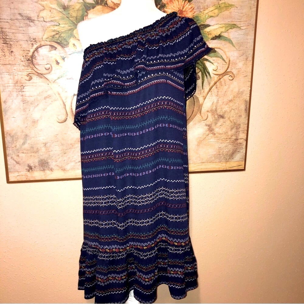 Sz S Xhileration Blue Mexican Embroidered One Shoulder Ruffle Dress Coverup